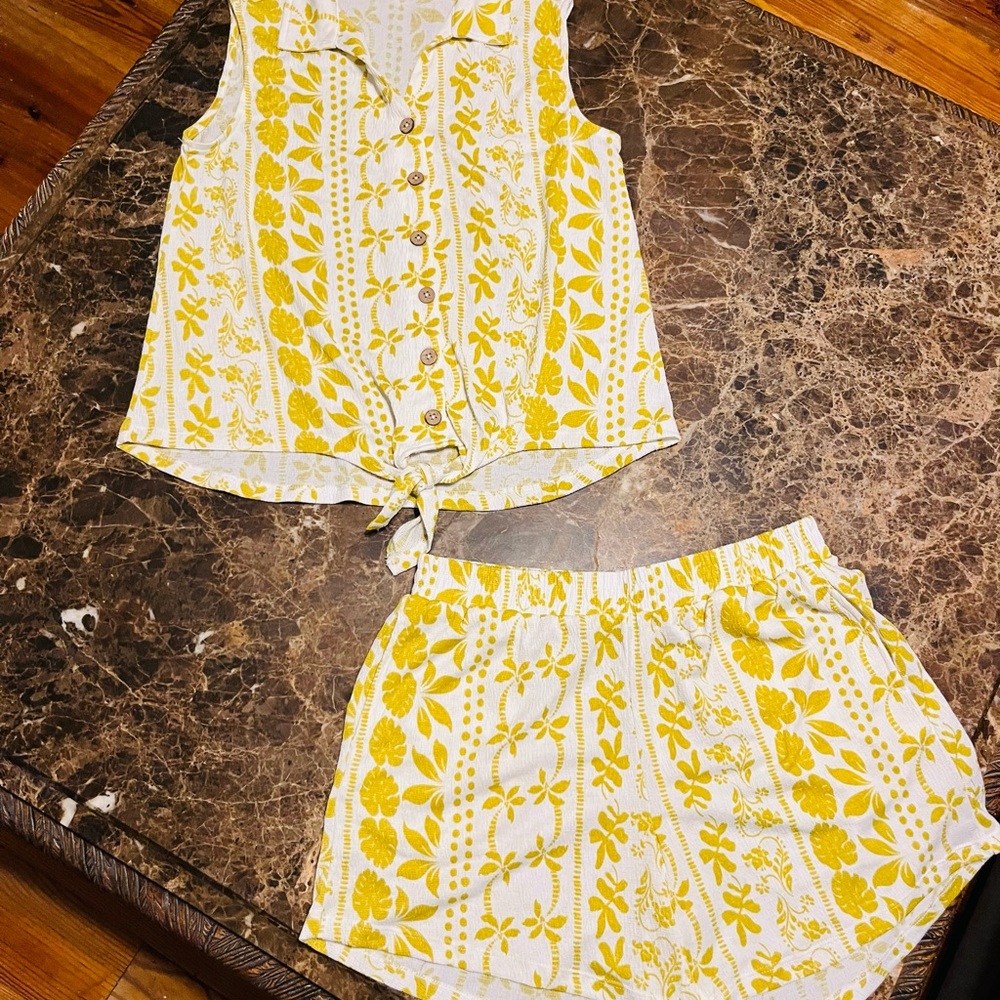 Yellow Floral Sleeveless Top and Shorts Set